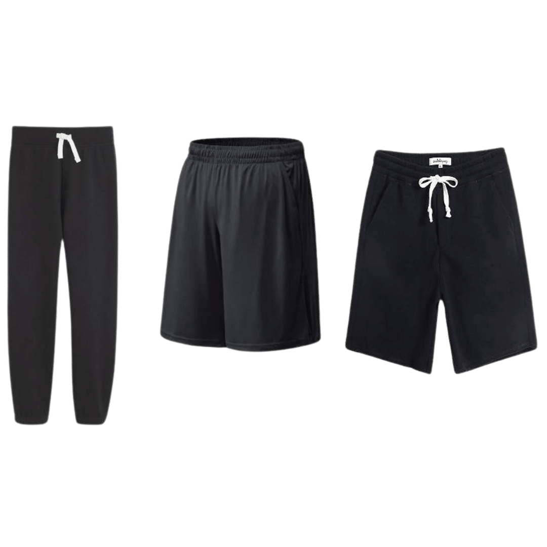 solid black pants and shorts